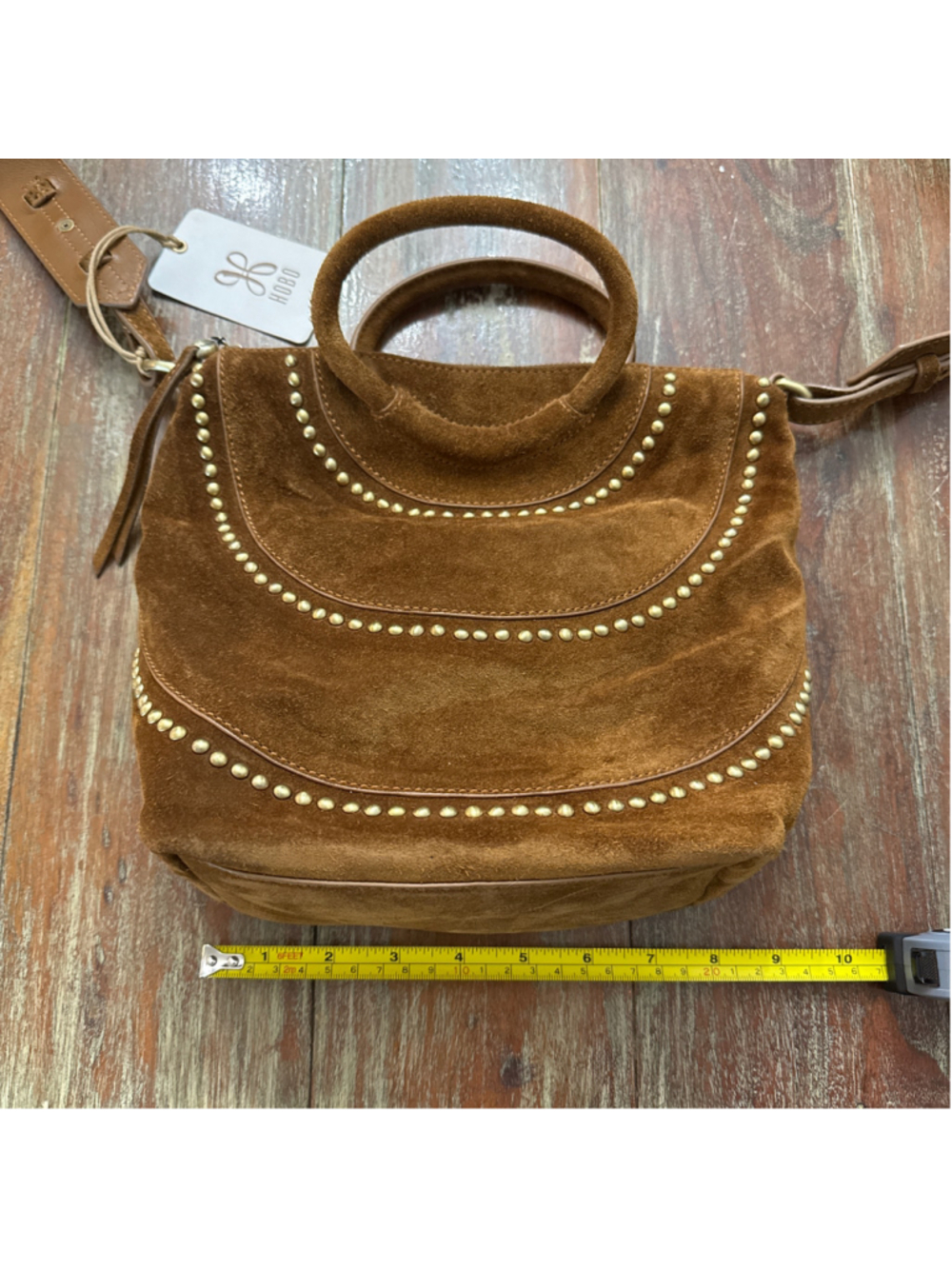 HOBO Chestnut Brown Suede Gold Studded Small Crossbody Tote Handbag NWT Handles - Picture 9 of 13